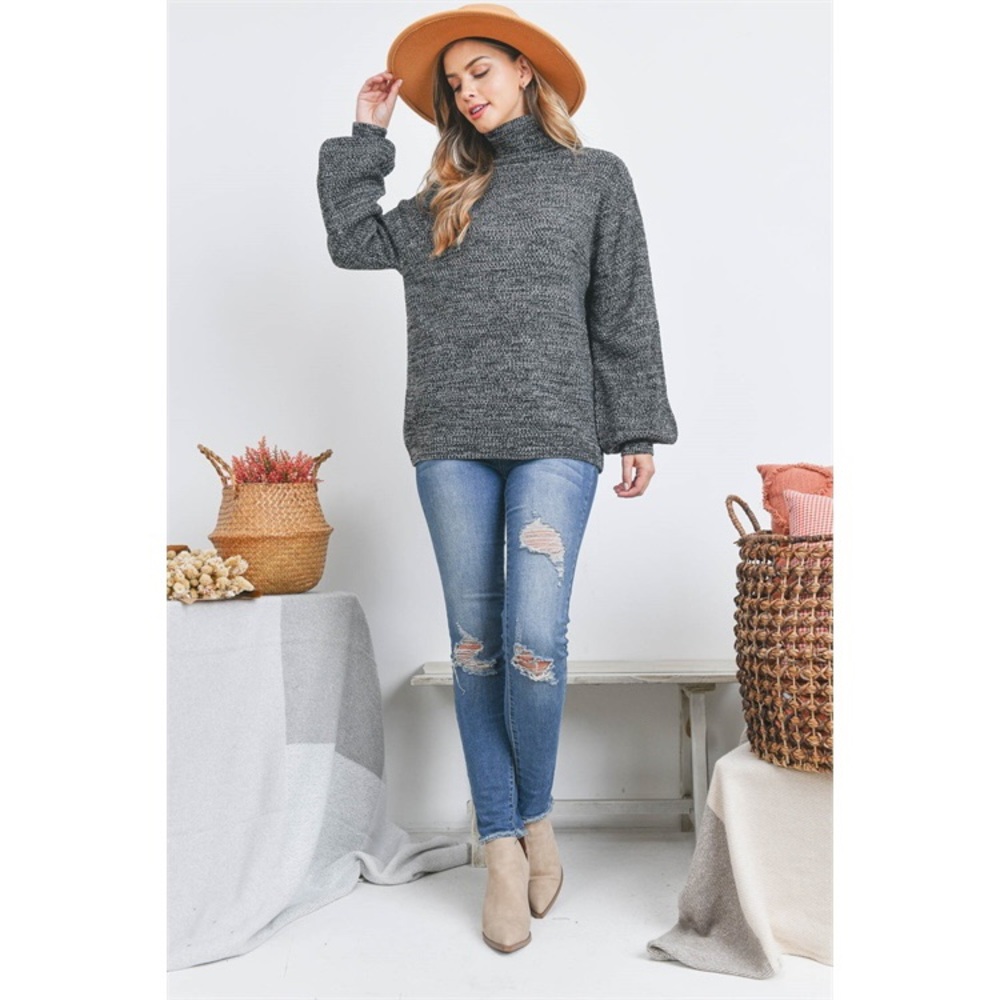 TURTLENECK MELANGE BALLOON SLEEVE SWEATER- BLACK - Picture 7 of 9
